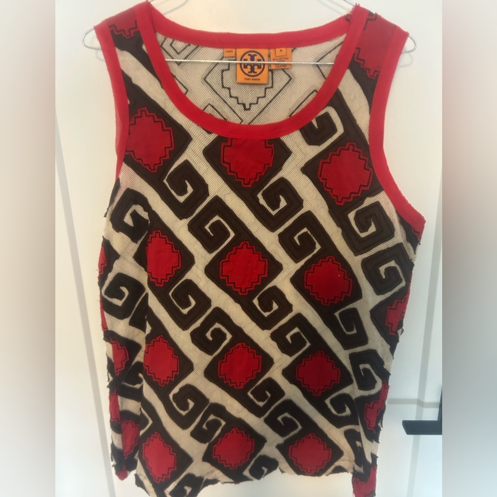 Tory Burch Tribal Patterned Sleeveless Top - Red and Brown like New